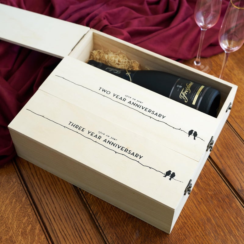 Twine Newlywed's Anniversary Wooden Gift Box with Lids and Brass Latches, Fits 3 Standard Wine Bottles, Wedding Keepsake Boxes, Decorative Storage Case for Mementos - Image 5